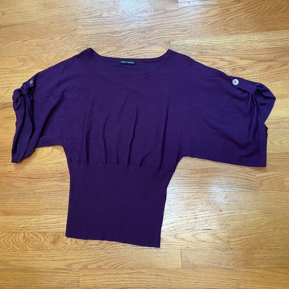 Purple raglan sleeve knit top L  +  Tan Pants 16